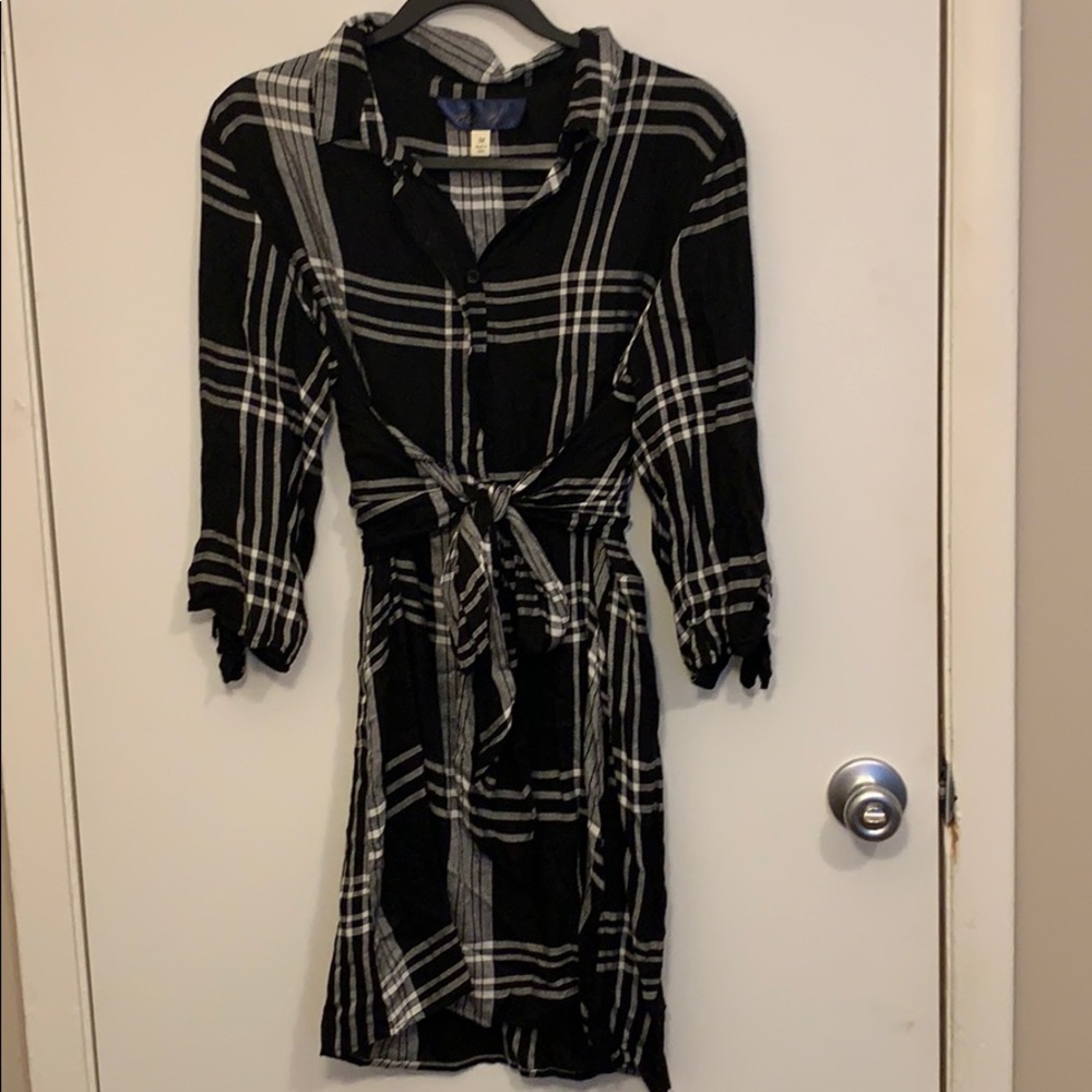 Blue Rain plaid shirt dress with tie